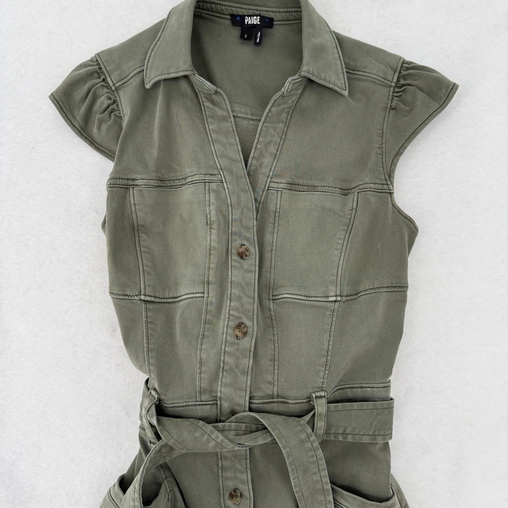 Paige Womens Olive Green Button Front Utility Mini Dress Ruffle Sleeve Size 2 - Picture 8 of 14